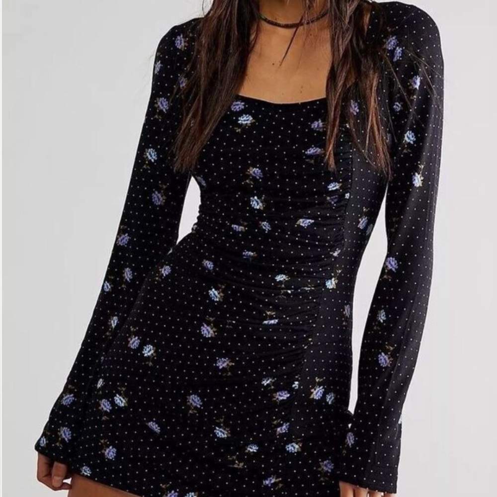 Free People Navy Floral Long Sleeve Dress
